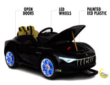 Maserati Alfieri Kids Car with LCD Display, LED wheels, Open Hood - Black  21stcenturyessential