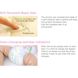 A reusable magic seal on a diaper that indicates it is time to change the diapers.